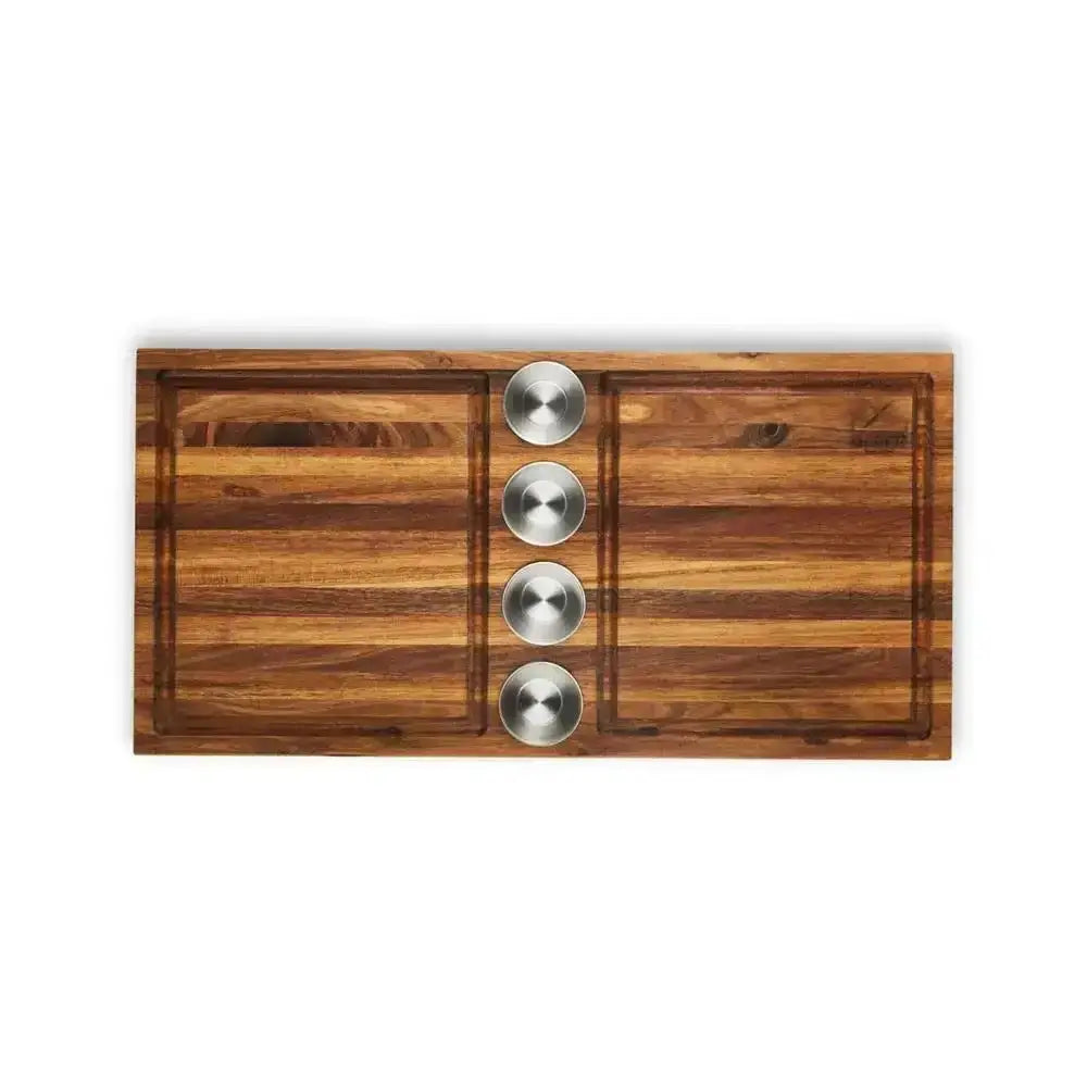 Wooden cutting board with three silver knobs on a white background