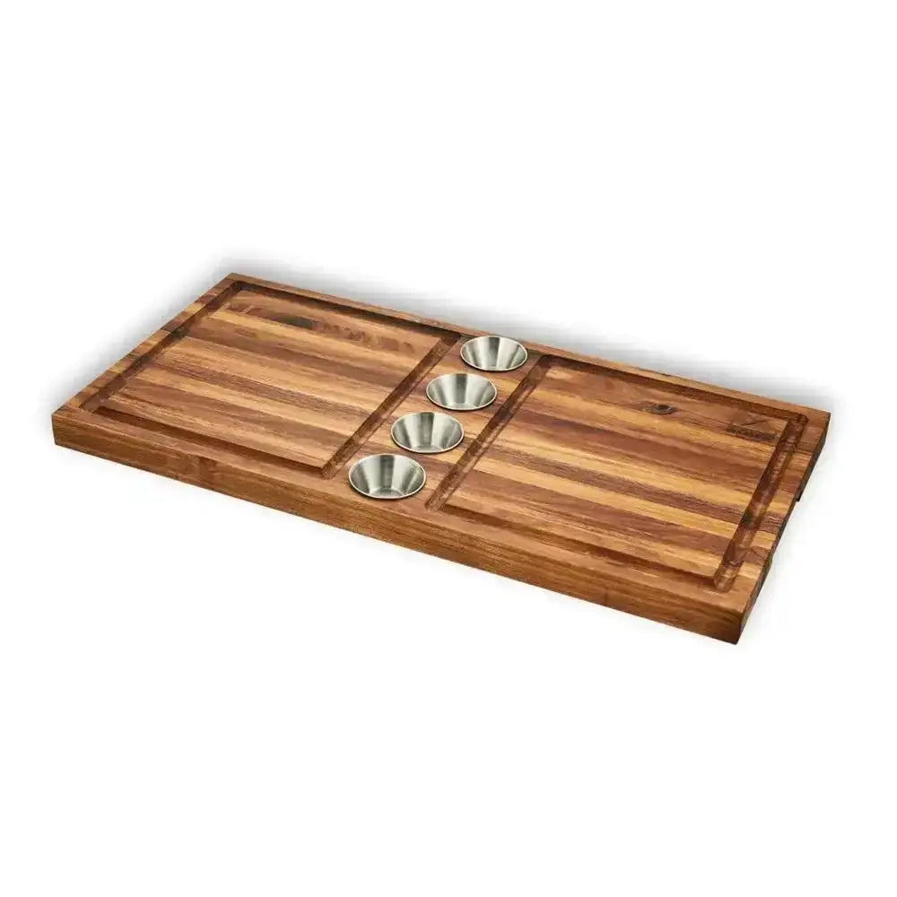 Wooden meat and serving board with juice grooves and four stainless steel dipping bowls