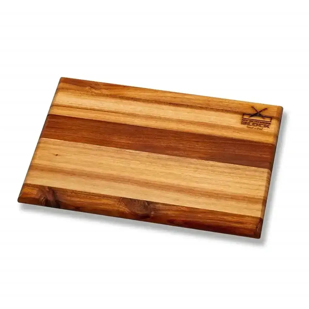 Wooden cutting board with a brand logo on a white background
