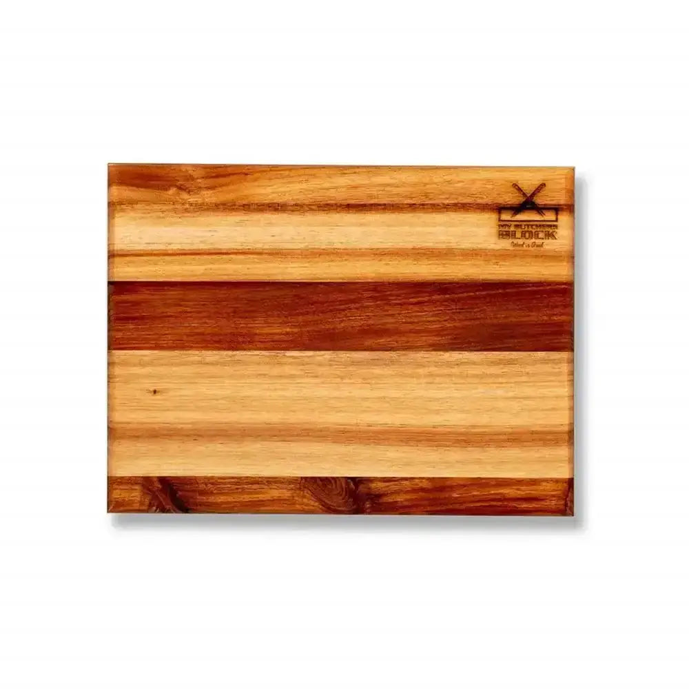 Wooden cutting board with a brand logo on a white background
