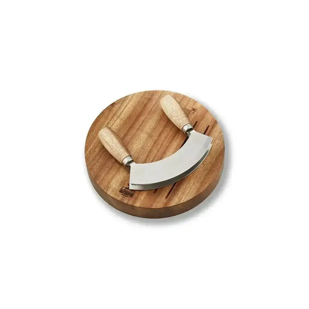 Wooden cutting board with a mezzaluna on a white background