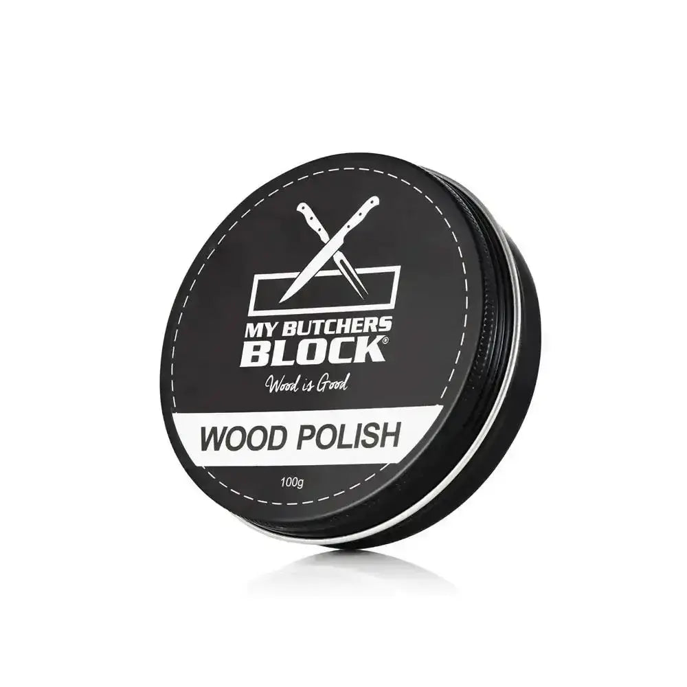 Wood polish container with 'My Butchers Block' branding on a white background