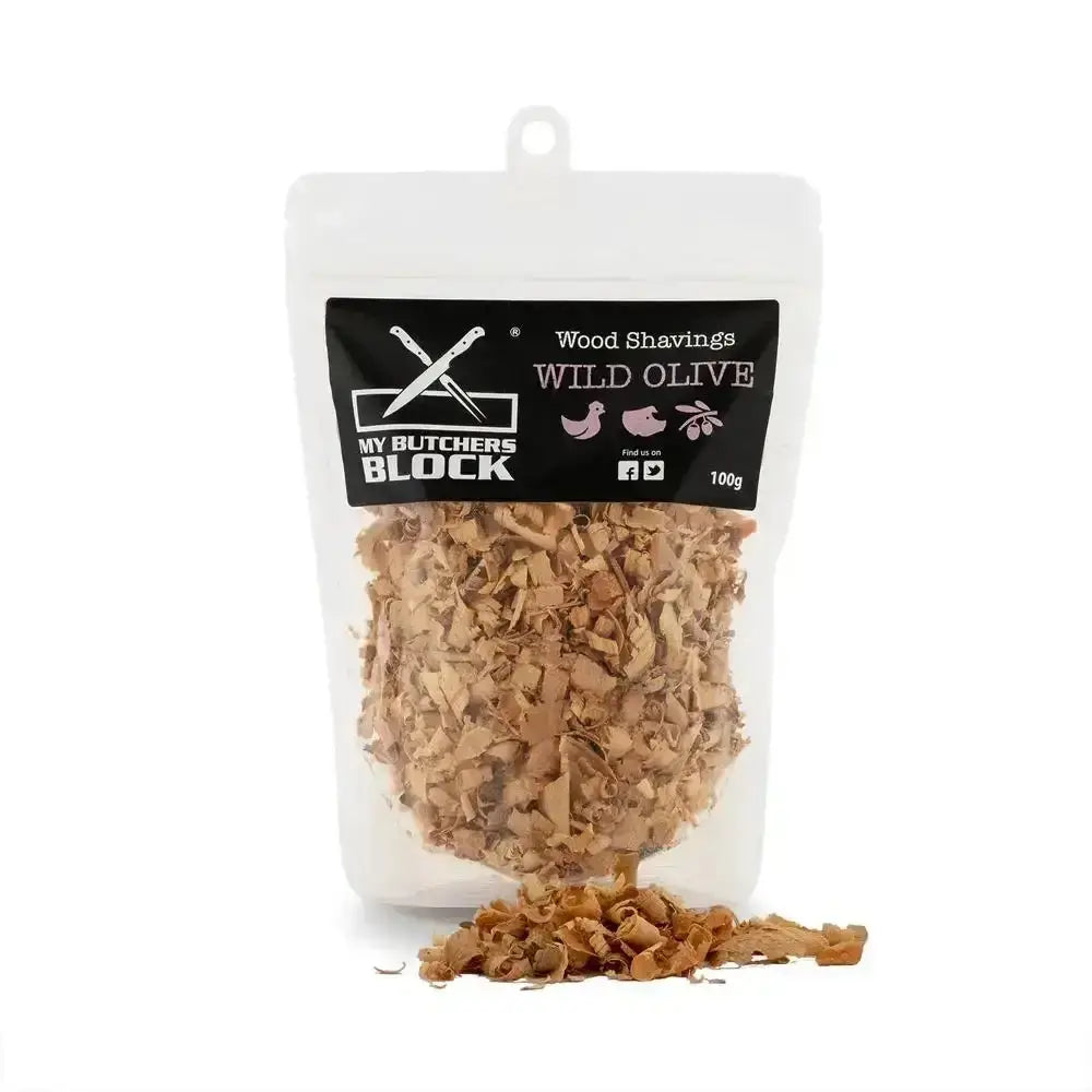 Bag of wood shavings with 'My Butchers Block' branding on a white background