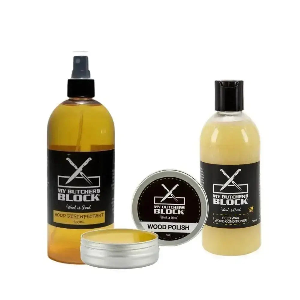 Set of My Butcher's Block wood care products including a spray bottle, a jar, and a container on a white background.