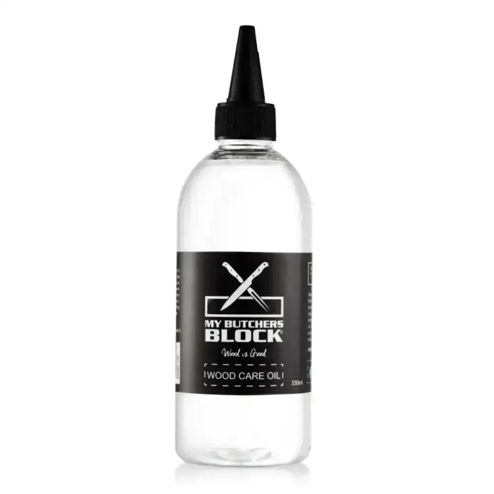 Bottle of My Butcher's Block wood care oil on a white background