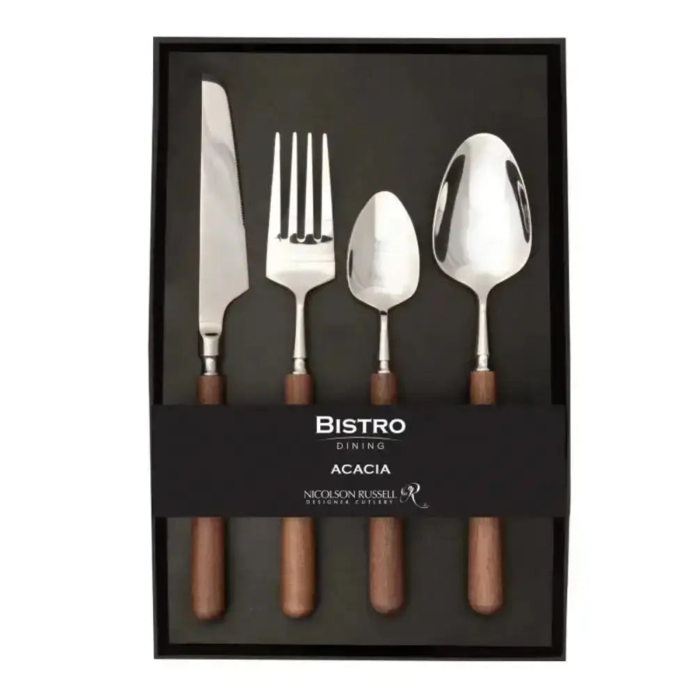 Set of silver cutlery with wooden handles in a black box labeled 'Bistro Dining Acacia'.