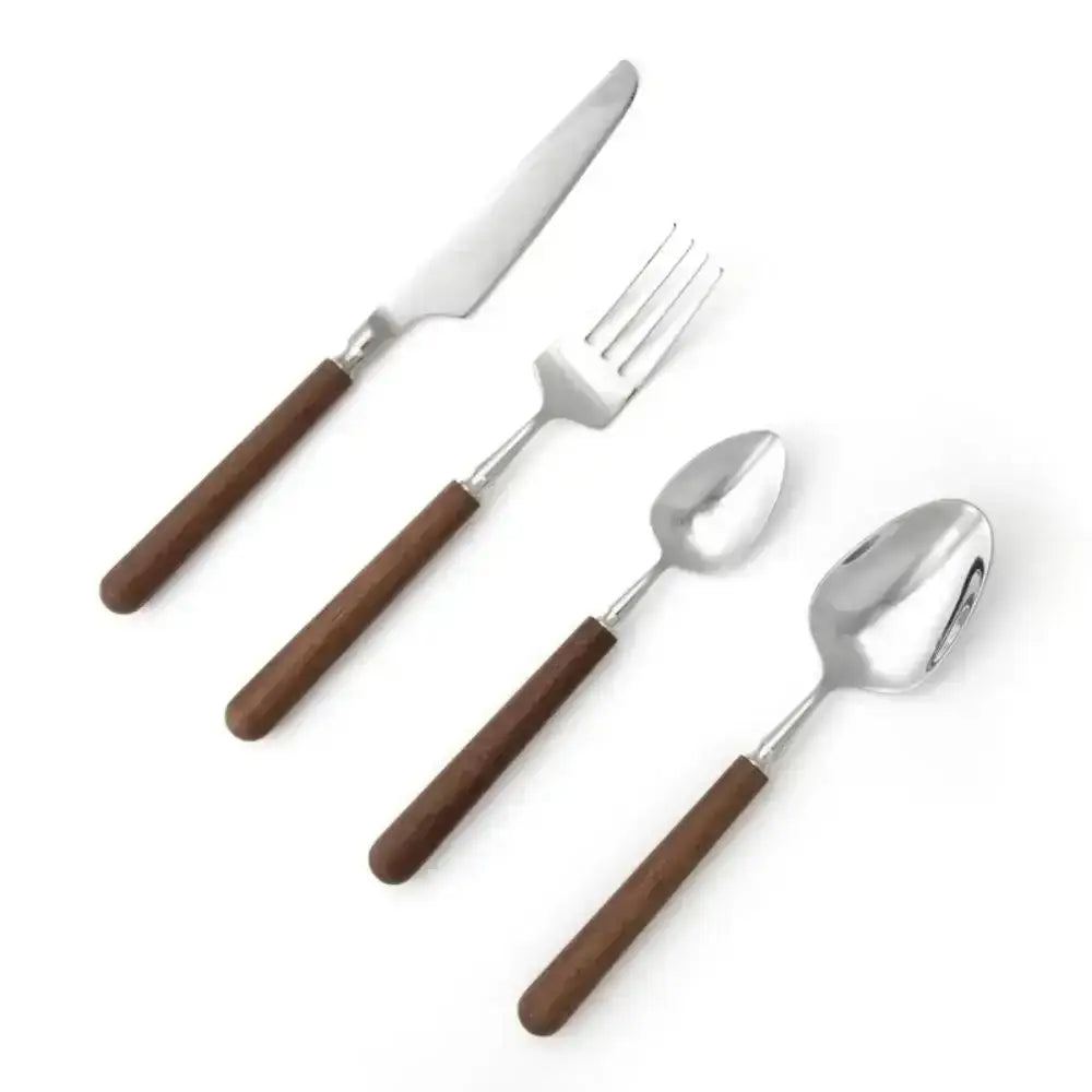 Set of silverware with brown handles on a white background