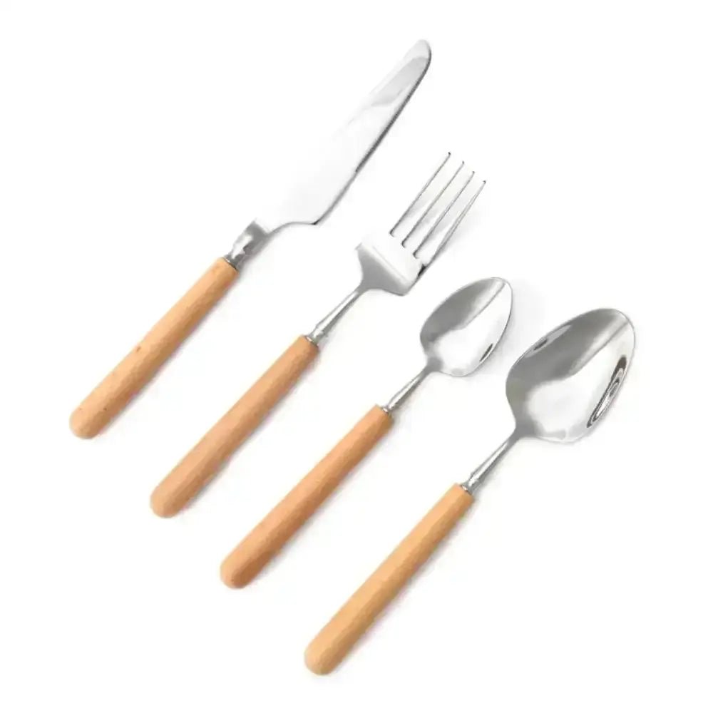 Set of cutlery with wooden handles on a white background