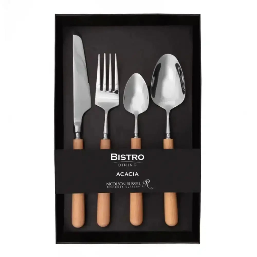 Set of cutlery with wooden handles in a black box labeled 'Bistro Dining Acacia'.
