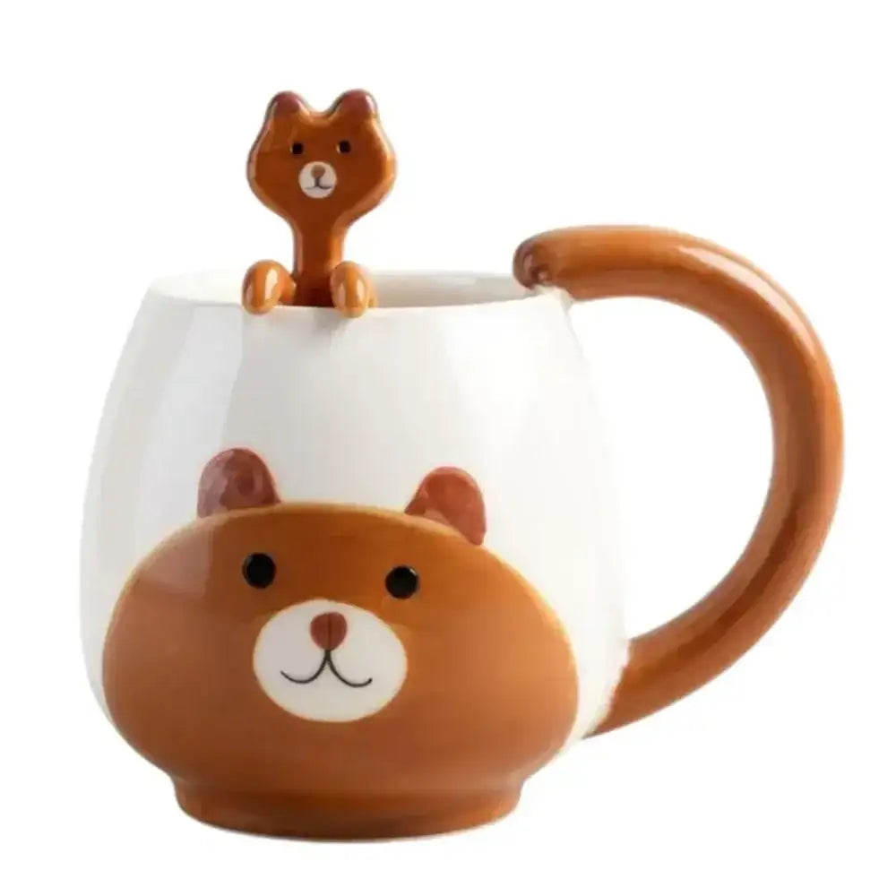Ceramic mug with bear design and a small bear figurine on top, on a white background