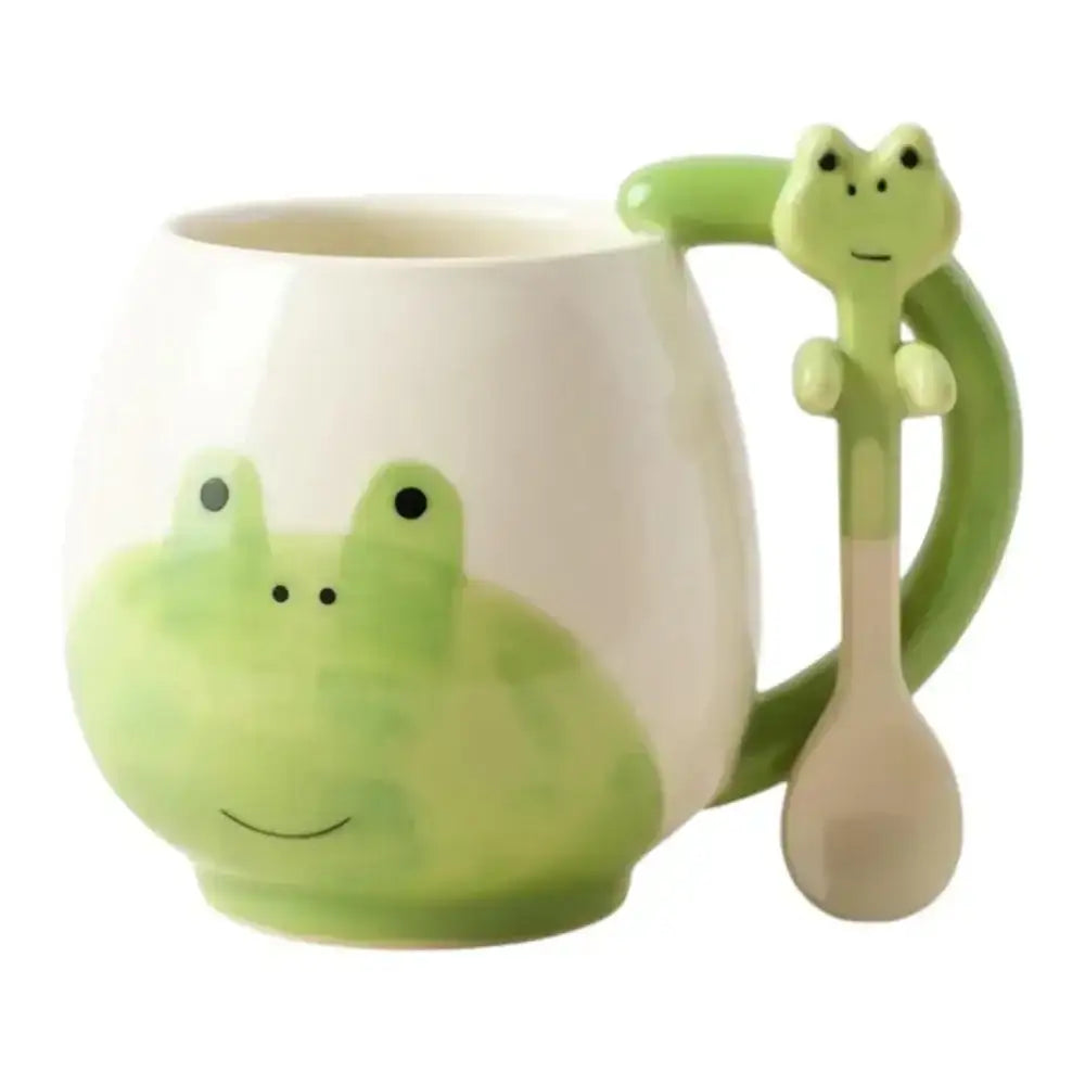 Frog-shaped mug with a matching spoon on a white background