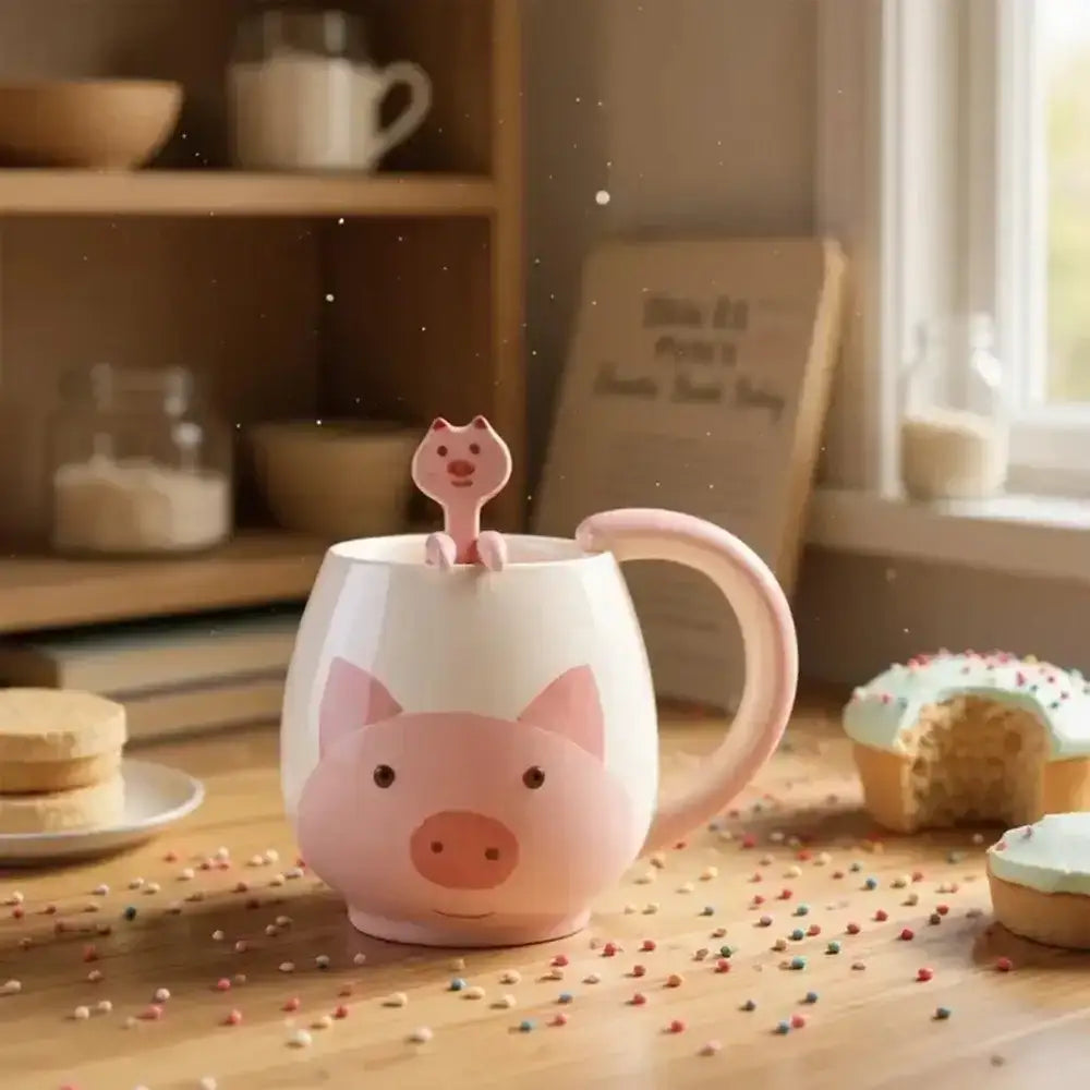 Pink pig-shaped mug with a matching spoon on a wooden table with pastries.