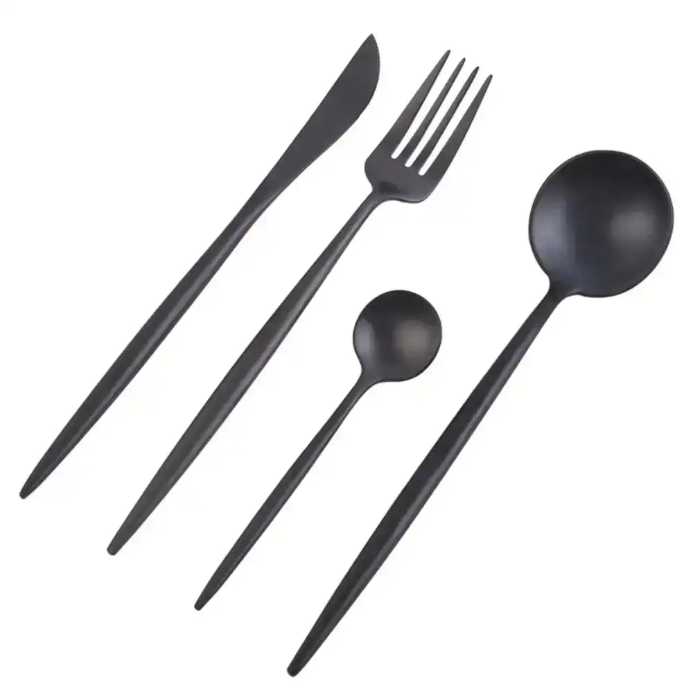Set of black cutlery including knife, fork, and two spoons on a white background