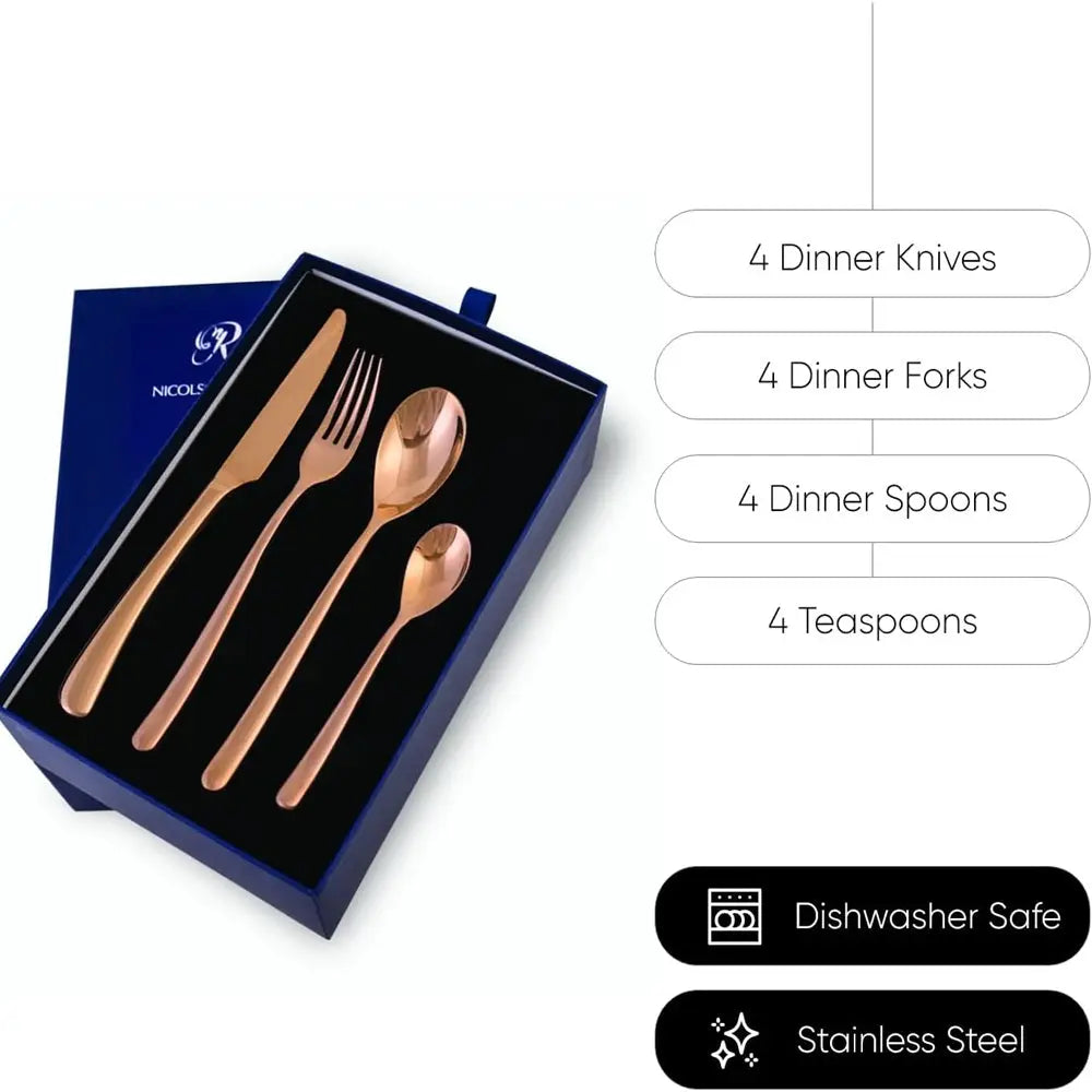 Rose gold cutlery set with four knives, four forks, four spoons, and four teaspoons in a blue box, featuring brand logo.