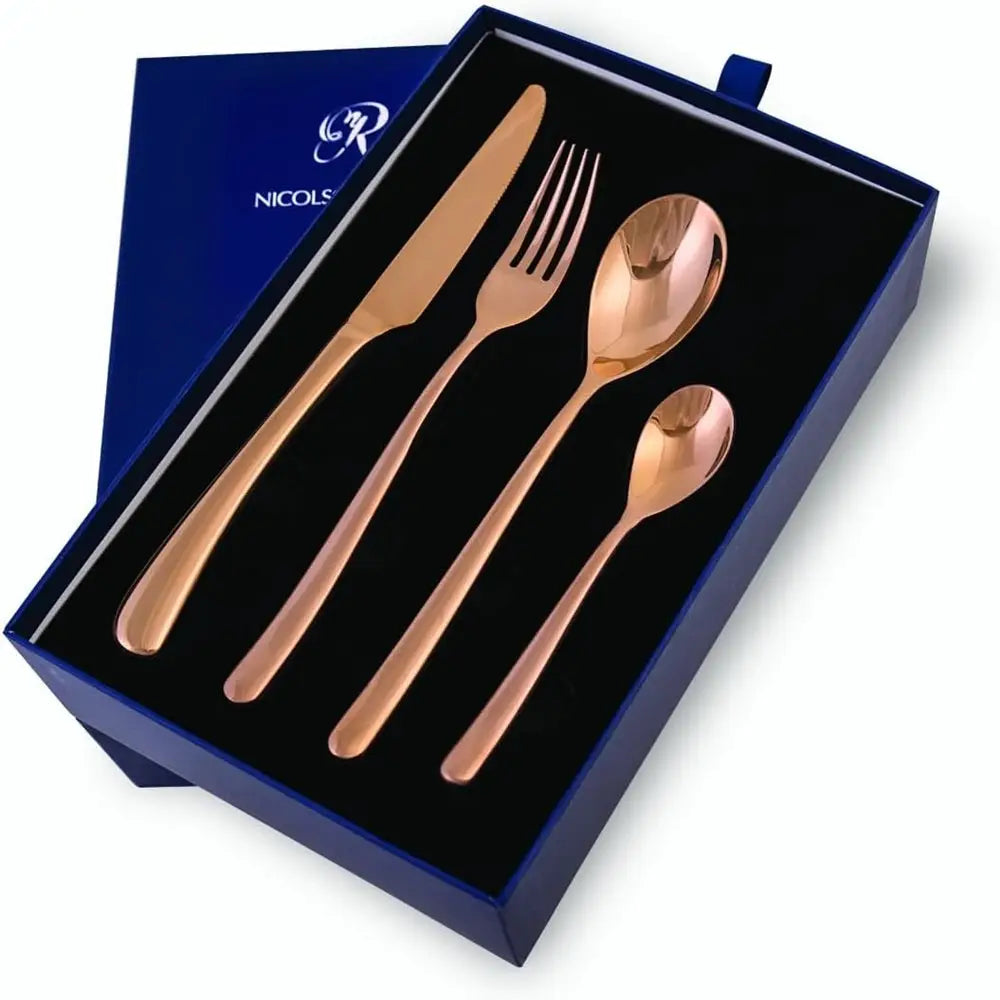 Rose gold cutlery set in a blue box with branding.