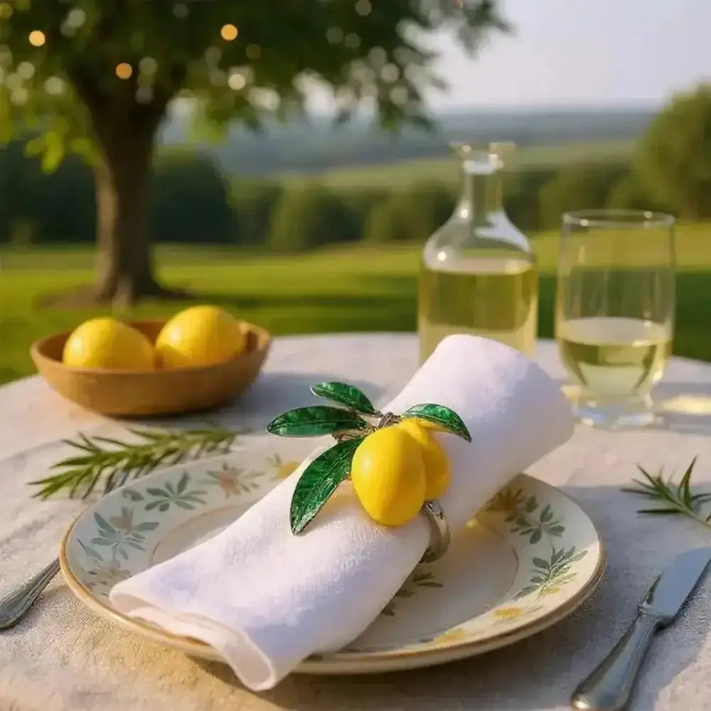Table setting with lemon-themed napkin ring, glass of white wine, and lemons on a scenic outdoor table.