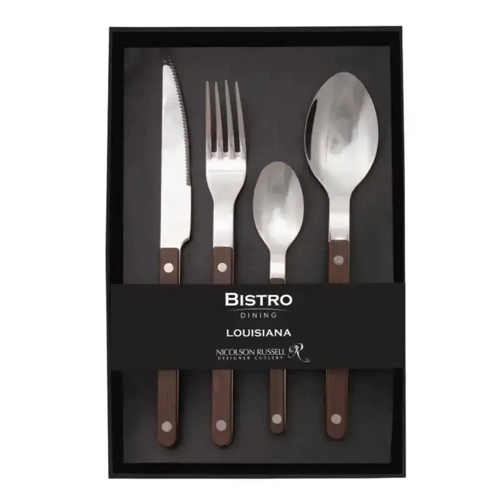 Set of silver cutlery with wooden handles in a black box labeled 'Bistro Dining Louisiana'.