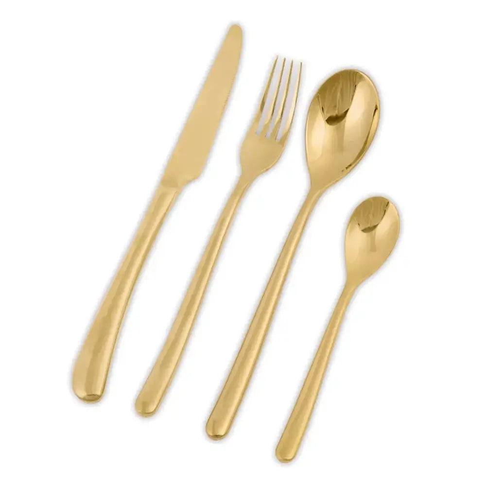Set of gold cutlery including a knife, two forks, and two spoons on a white background.