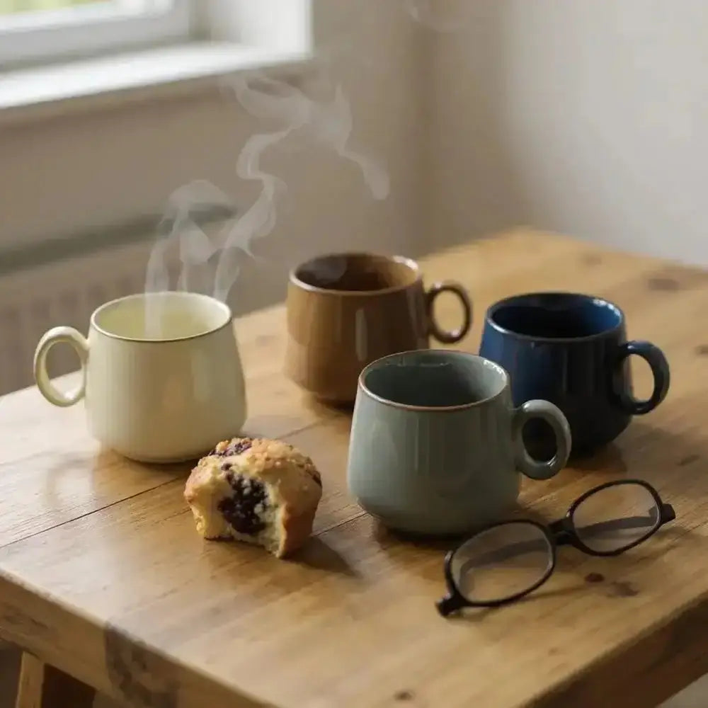 Four mugs on a wooden table with a muffin and glasses, steam rising from one of the mugs.