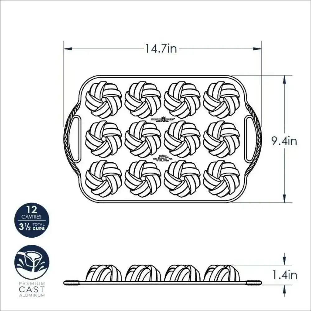 Premium cast aluminum braided mini bundt cake pan, 12 cavities, dimensions labeled