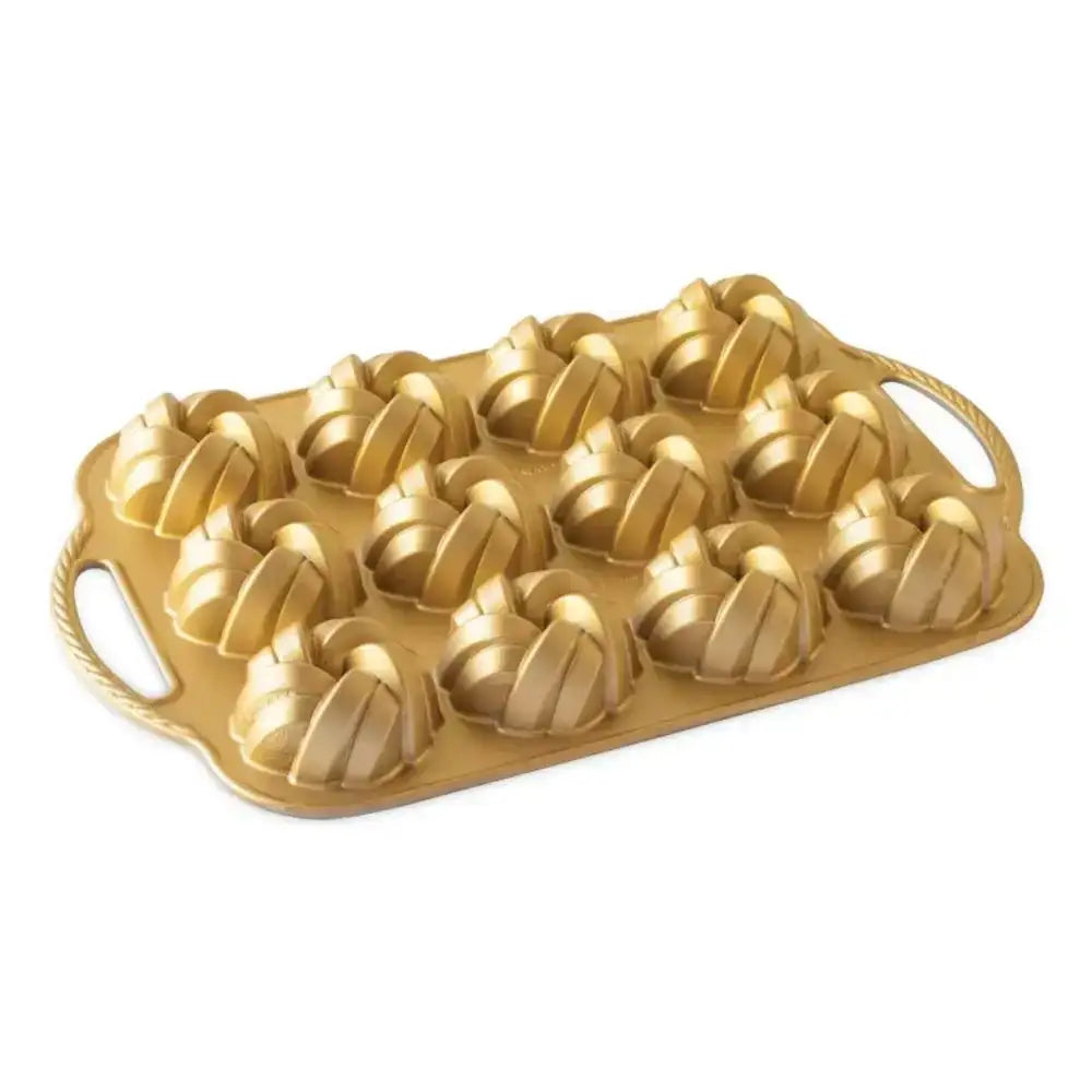 Gold braided mini Bundt cake pan with 12 molds, premium bakeware from Cookin Stores