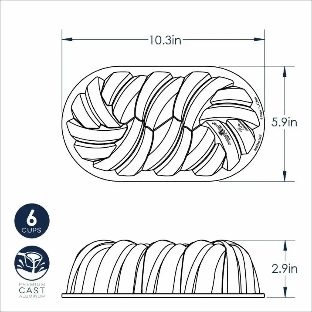 Braided Bundt pan diagram, 10.3 x 5.9 x 2.9 inches, 6 cups, premium cast aluminum, Cookin Stores