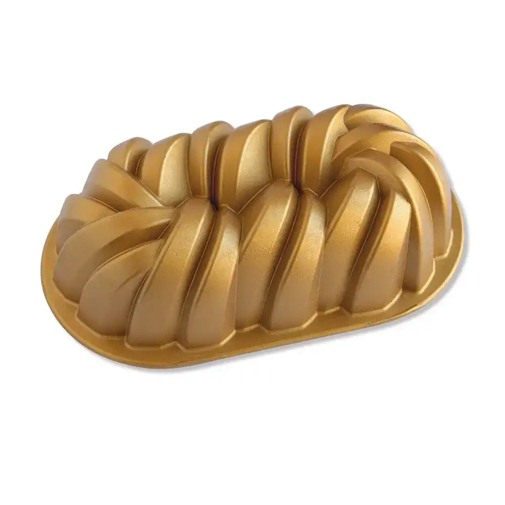 Gold braided bundt cake pan on white background, premium bakeware from Cookin Stores