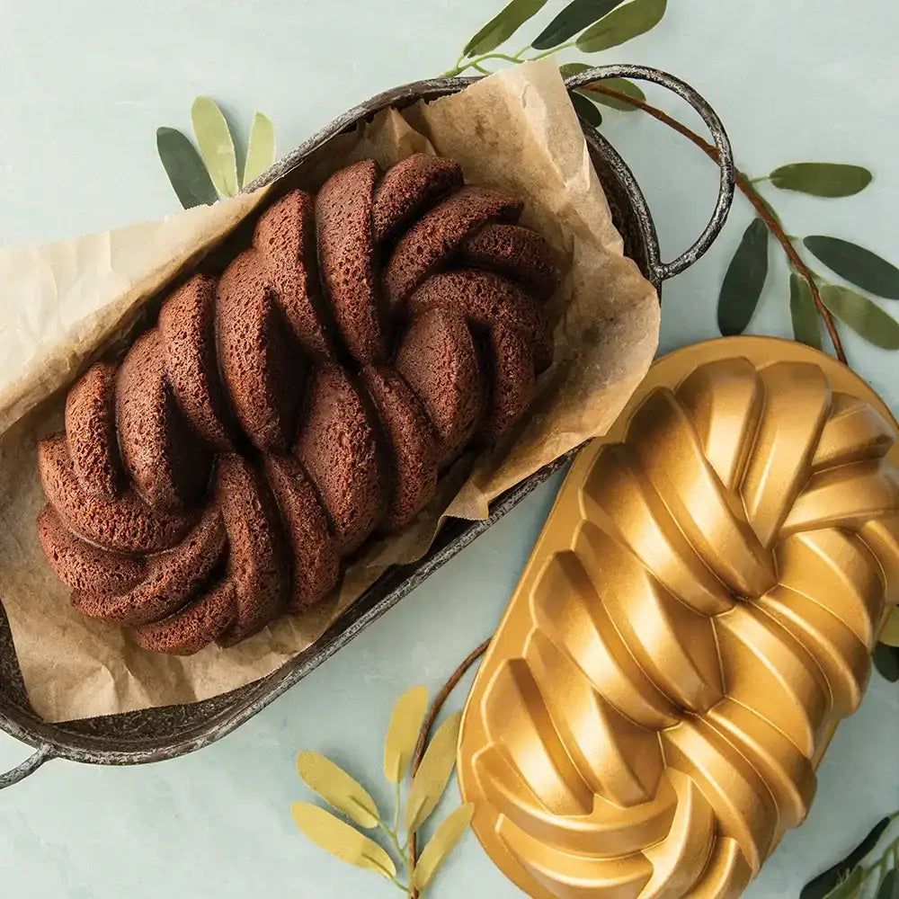 Braided Bundt cake in a loaf pan with golden braided Bundt pan, Cookin Stores kitchenware