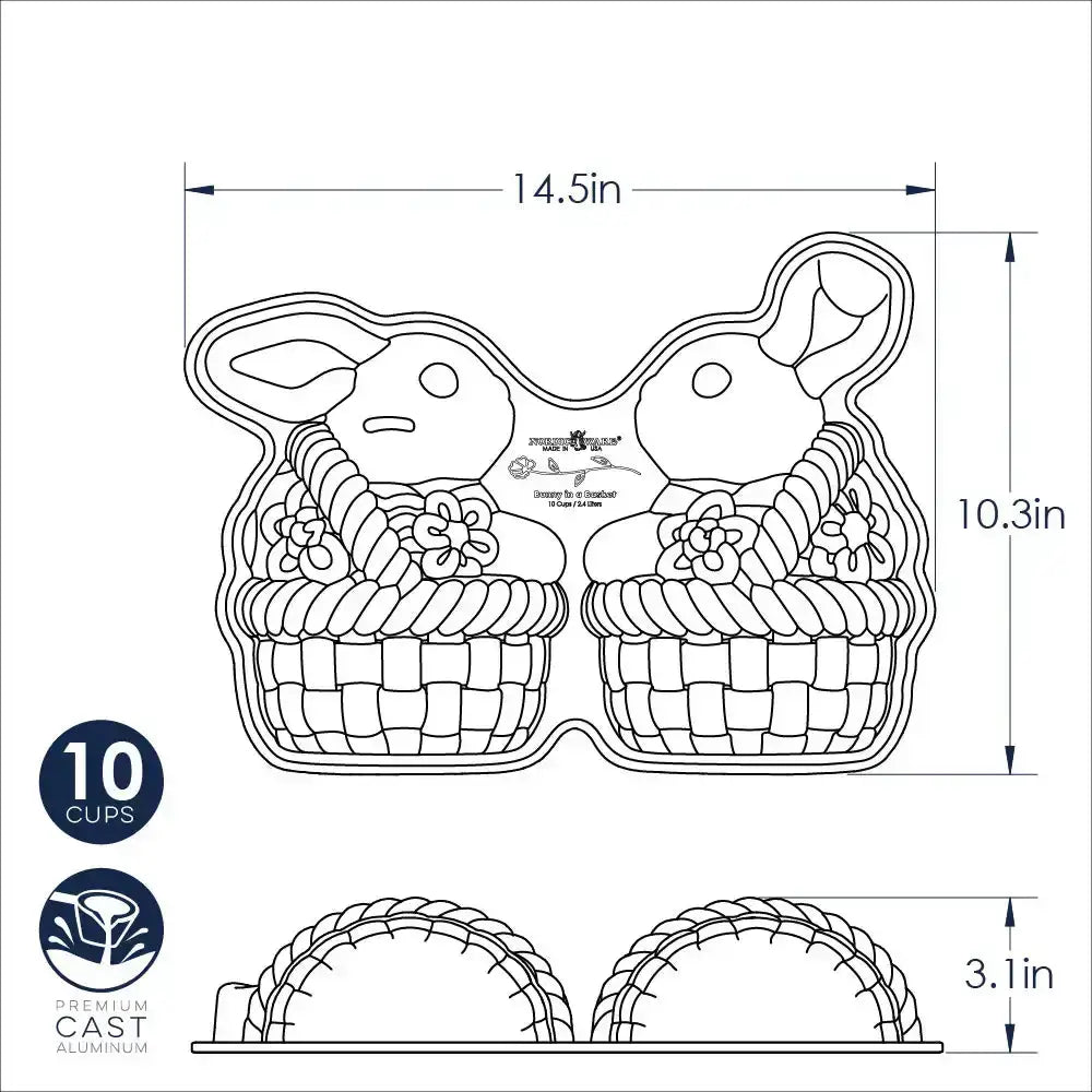 Technical drawing of a cupcake mold with dimensions and features.