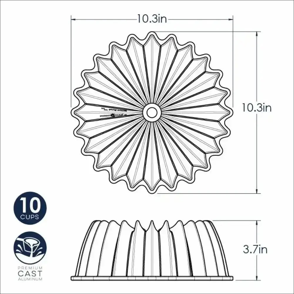 Bundt cake pan with dimensions and features on a white background