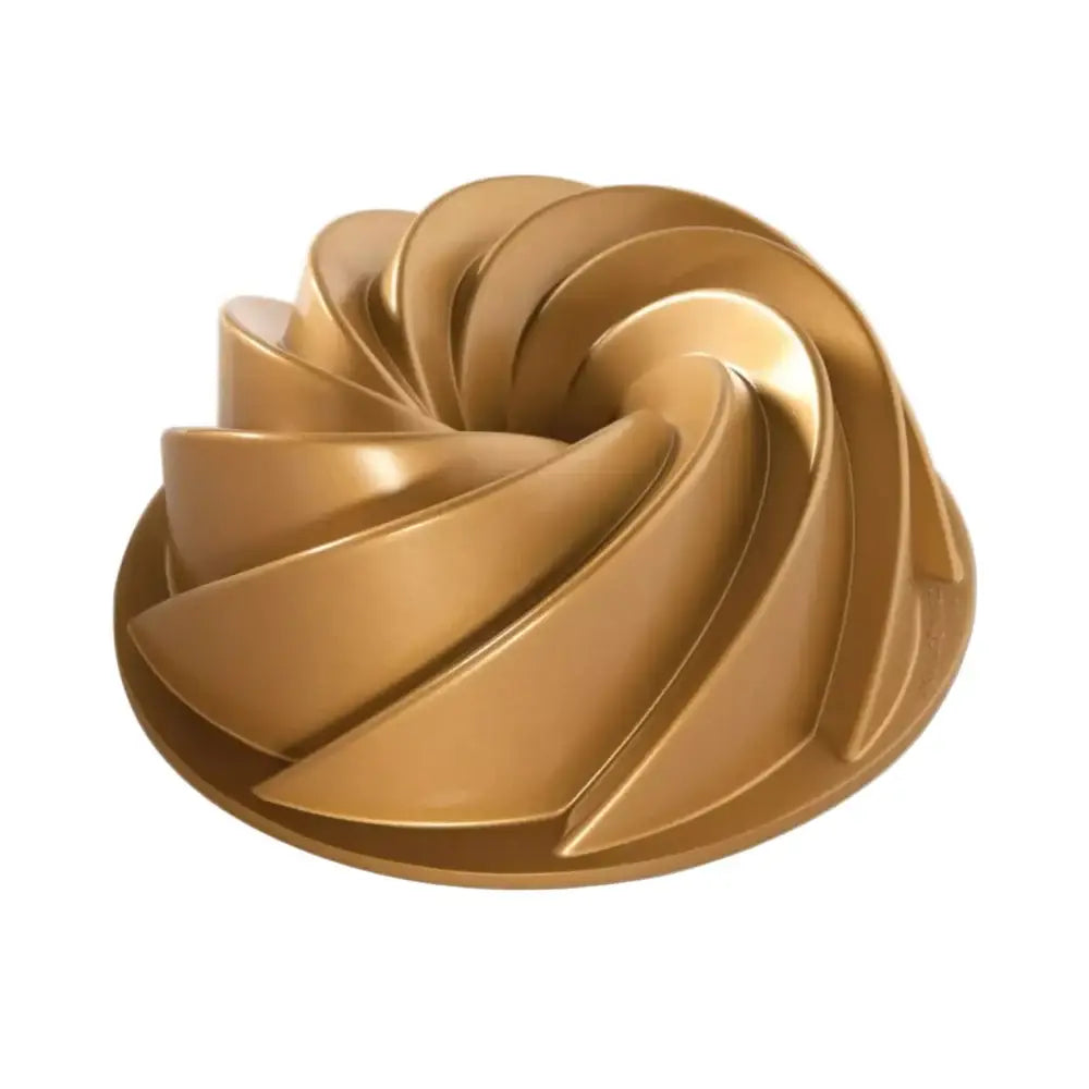 Nordic ware gold heritage bundt pan cast aluminum with spiral design and sleek metallic finish for baking