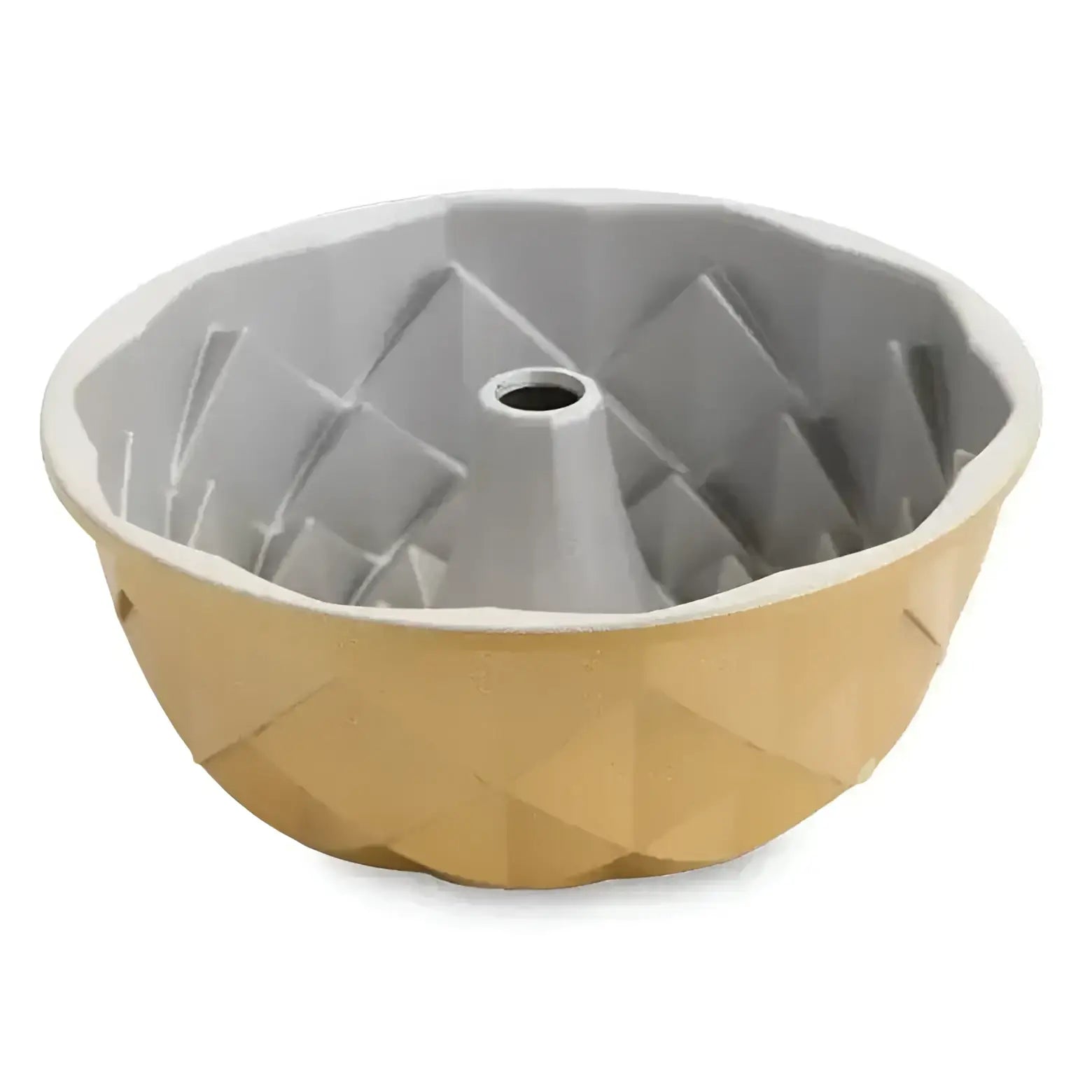 Bundt cake pan with geometric design on a white background
