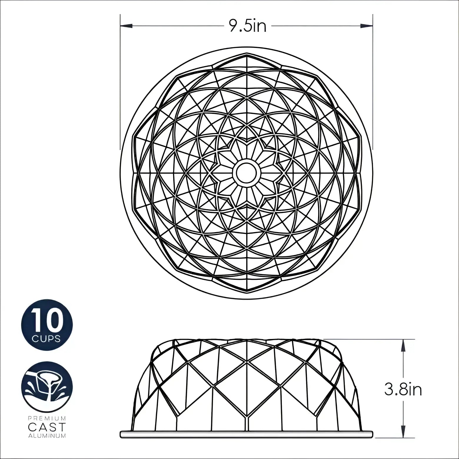 Geometric design of a coffee mug with dimensions and material information on a white background