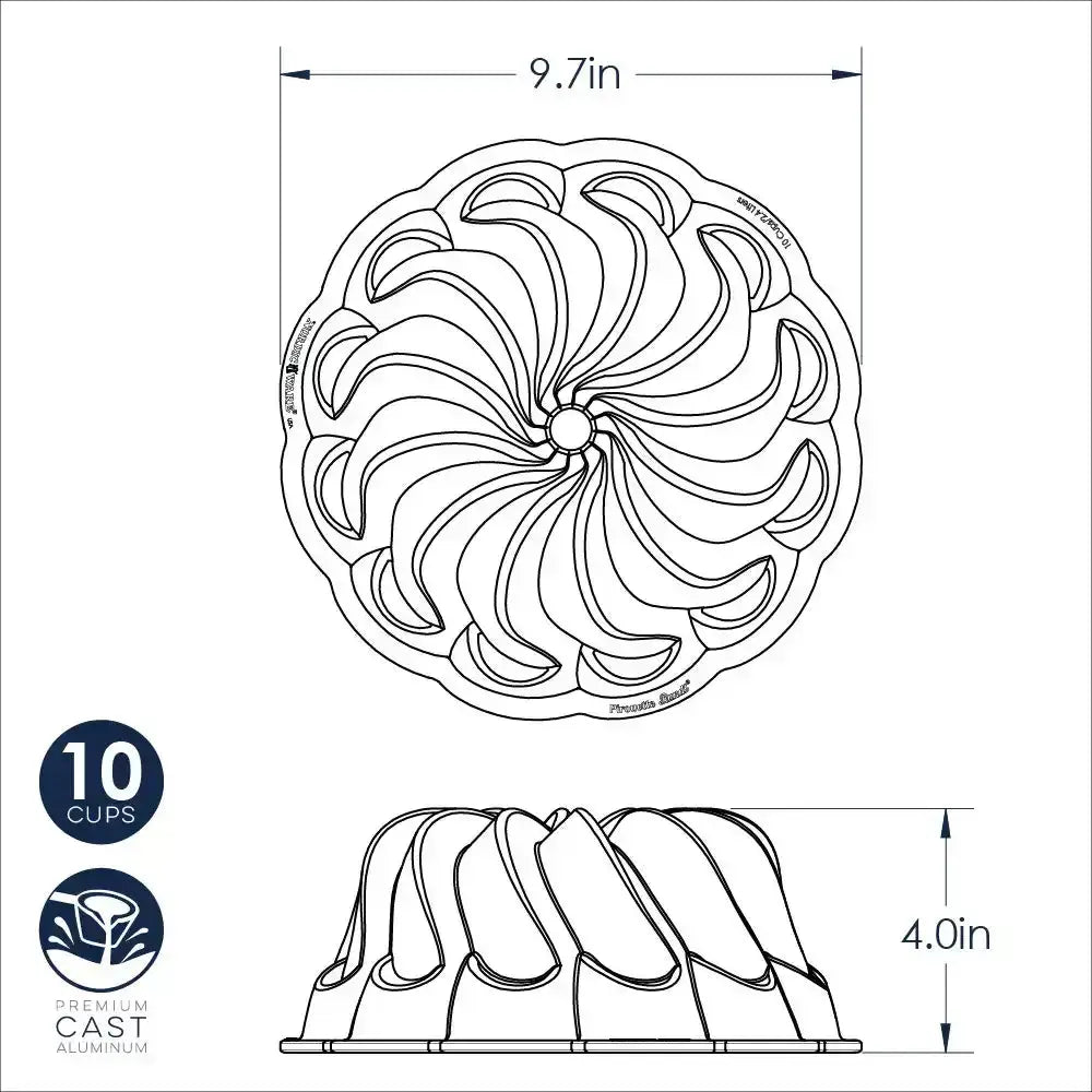 Technical drawing of a cake mold with dimensions and material information.