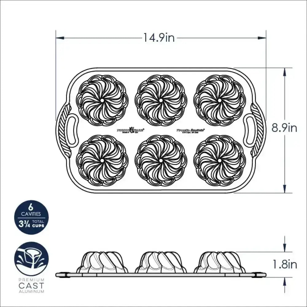 Bundt cake pan with dimensions and features on a white background
