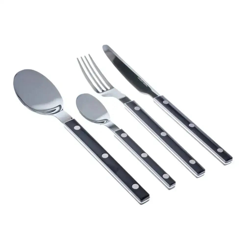 Stainless steel cutlery set with black handles, includes spoon, fork, knife, and teaspoon