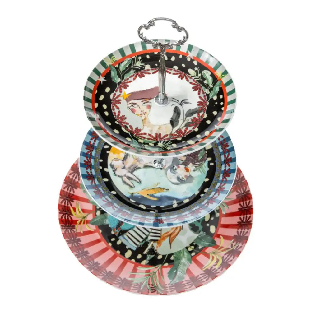 Three-tiered decorative plate stand with colorful designs on a white background
