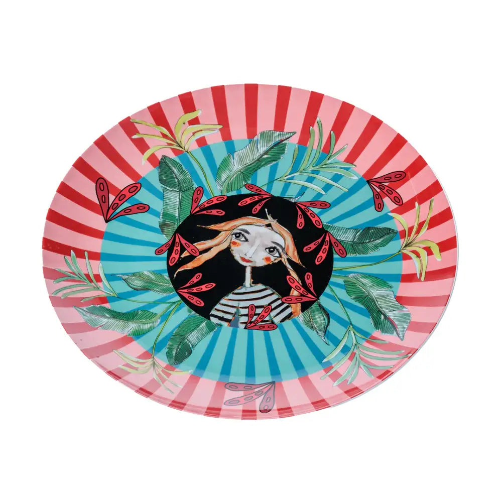 Decorative plate with a colorful design of a woman's face and floral elements on a striped background.