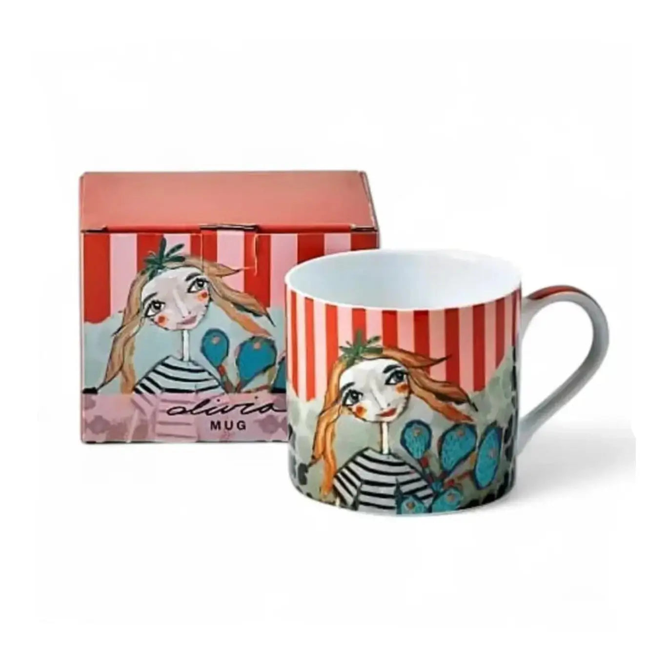 Mug with artistic design of a girl and striped pattern, accompanied by a matching box on a white background.