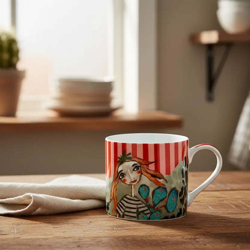 Decorative mug with a design on a wooden table in a kitchen setting