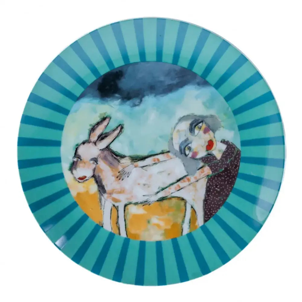 Decorative plate with a donkey and person illustration on a blue striped background