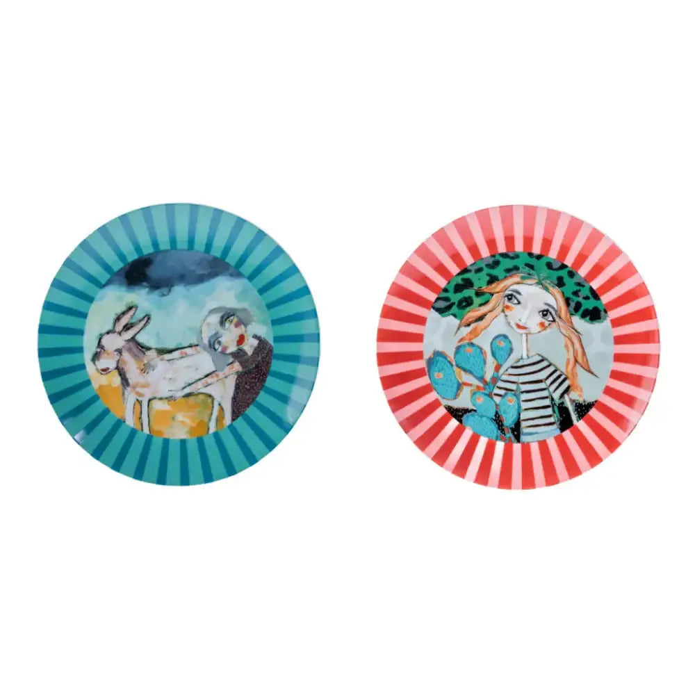 Two circular plates with colorful designs on a white background