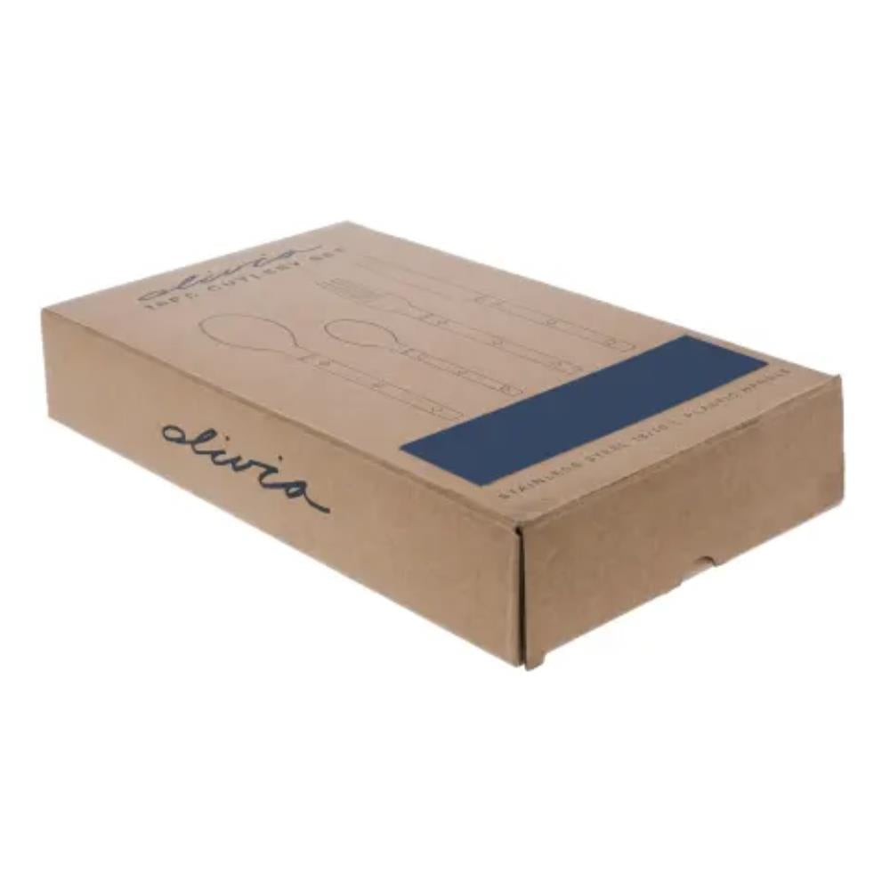 Kraft paper box with a blue strip and 'olivio' branding on a white background