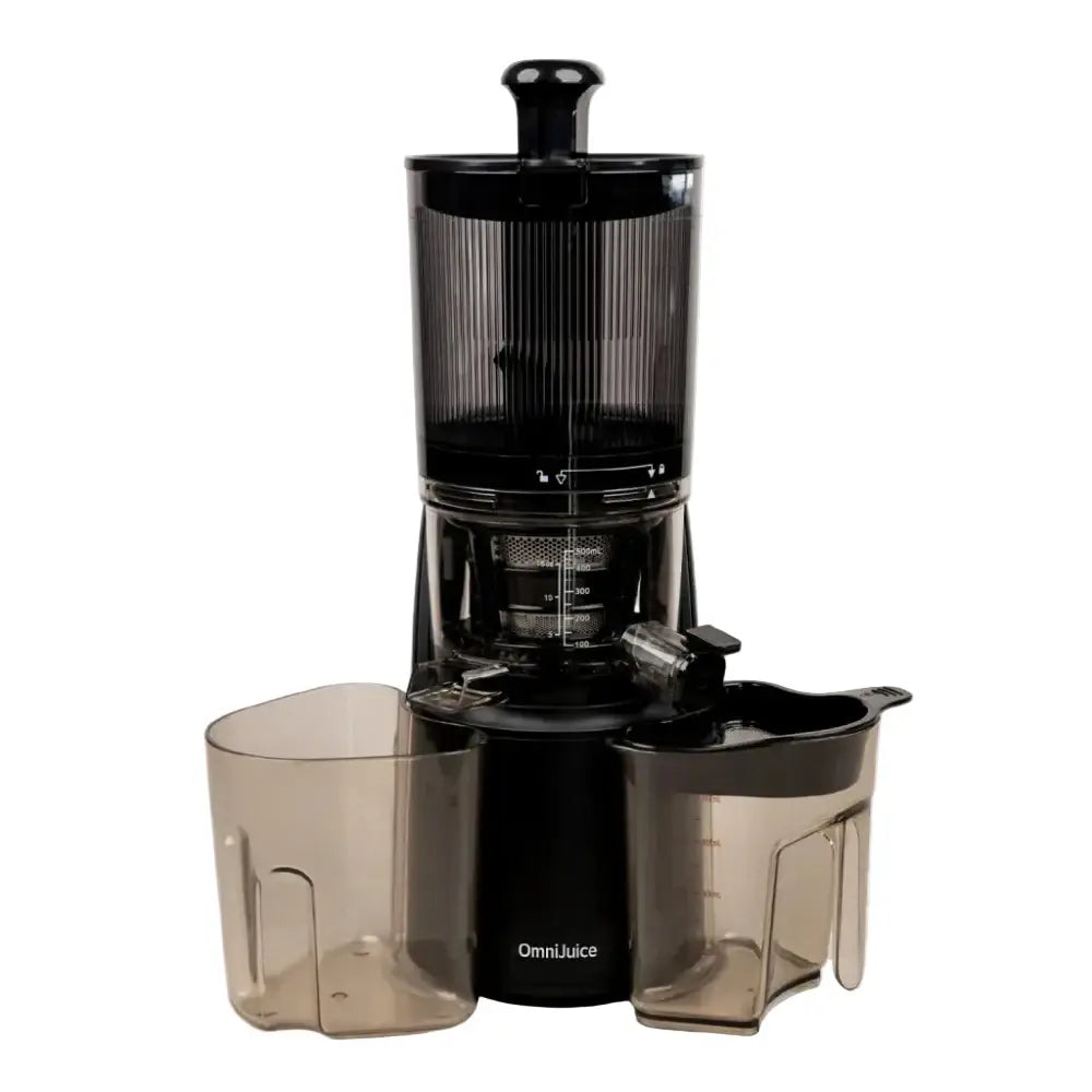 Black omnikitchen omnijuice cold press juicer with transparent ribbed feed chute and two translucent collection containers