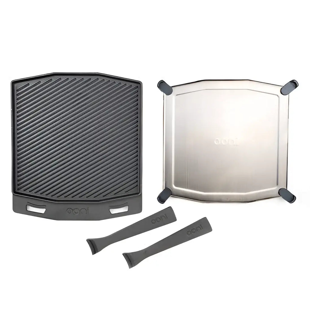 Ooni dual-sided cast iron grizzler plate with silver stainless steel trivet and black non-stick cooking surface for pizza ovens