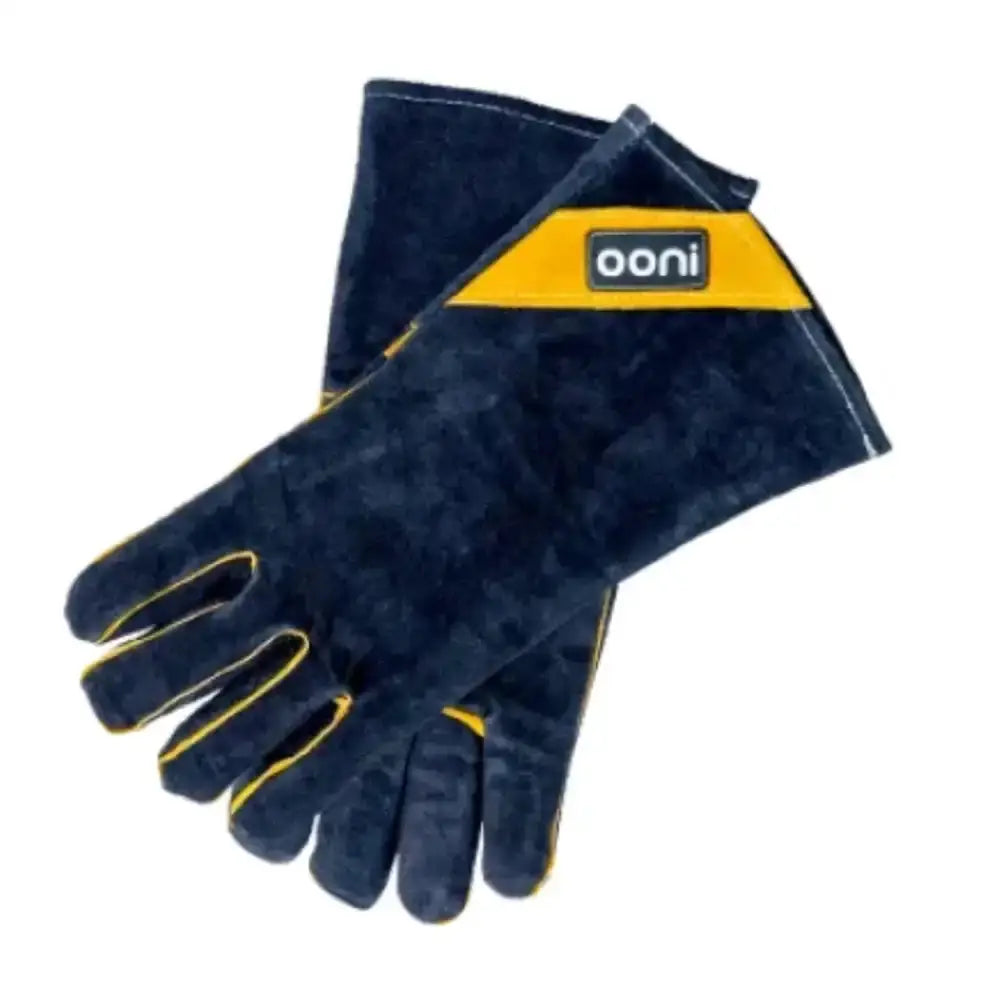 Pair of dark blue gloves with yellow accents on a white background