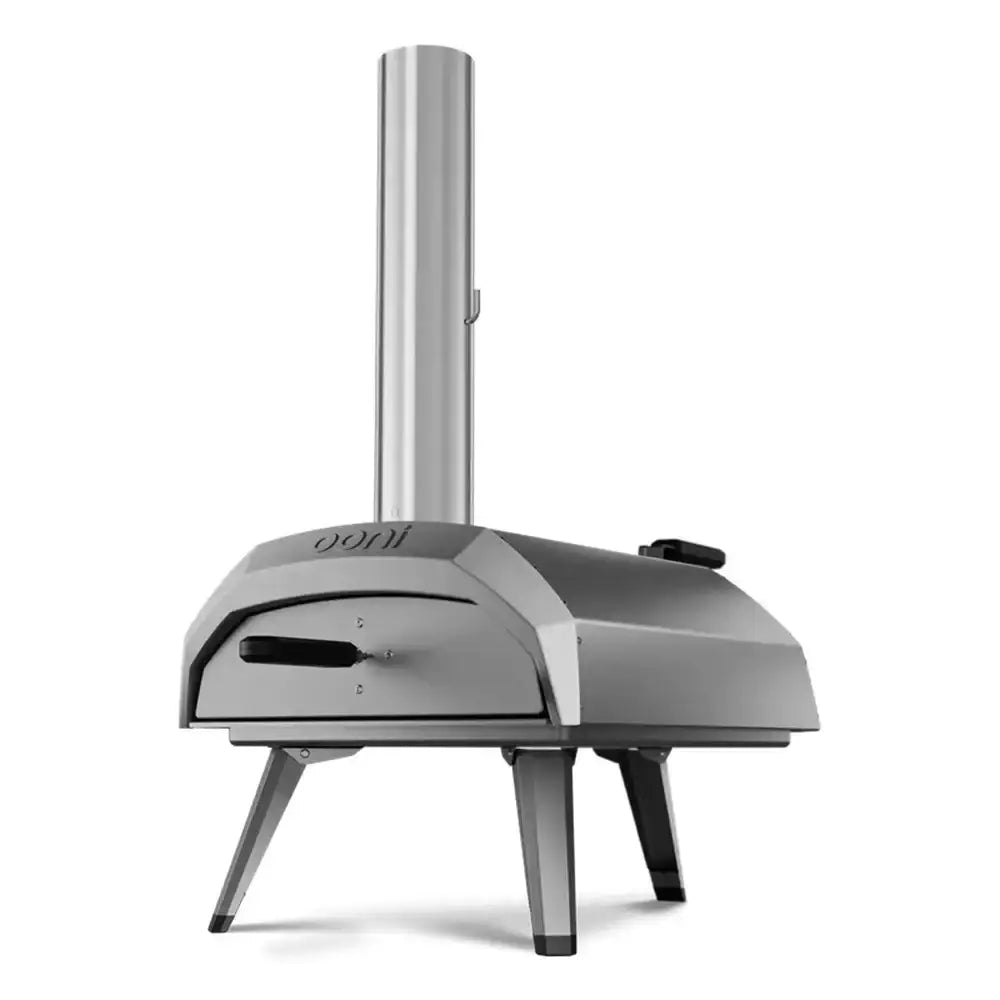 Silver outdoor pizza oven on a white background