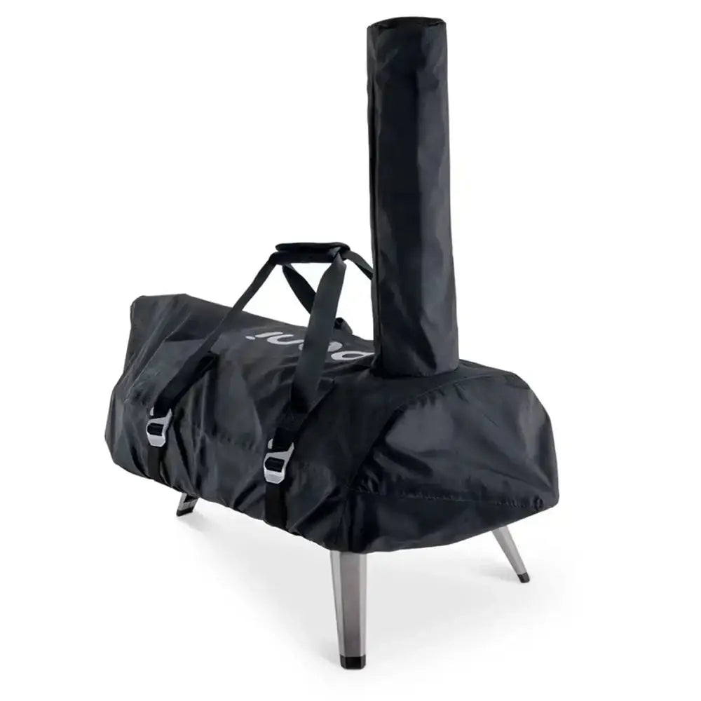 Black carrying bag with handles and straps for a grill on a white background