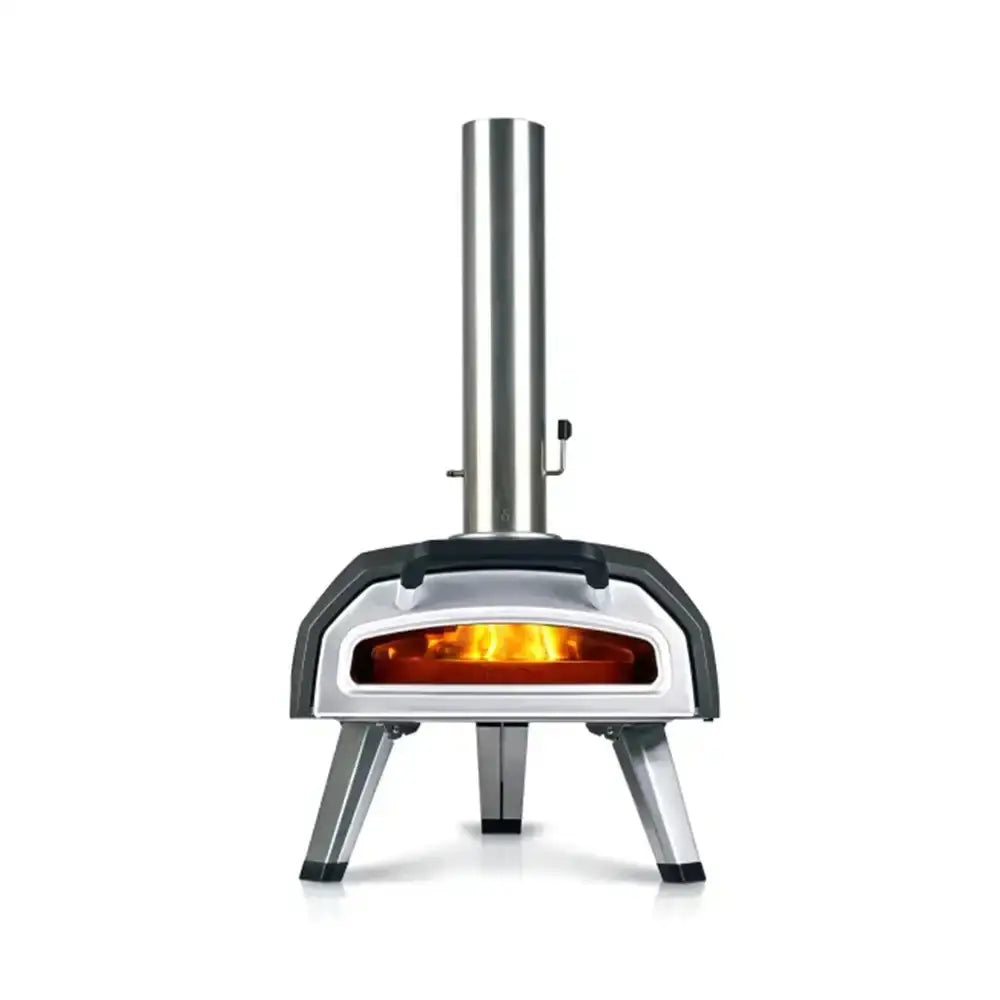 Portable outdoor pizza oven with glowing interior on a white background