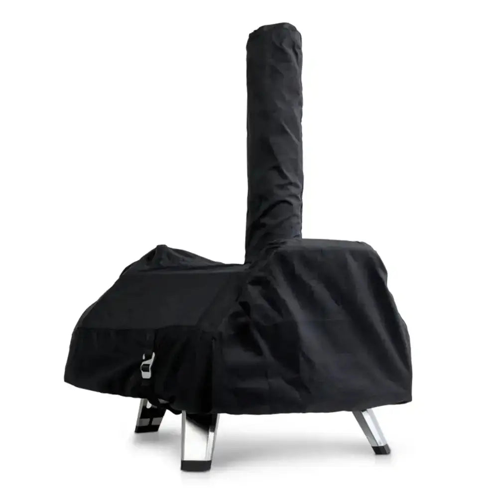 Black grill cover on a grill against a white background